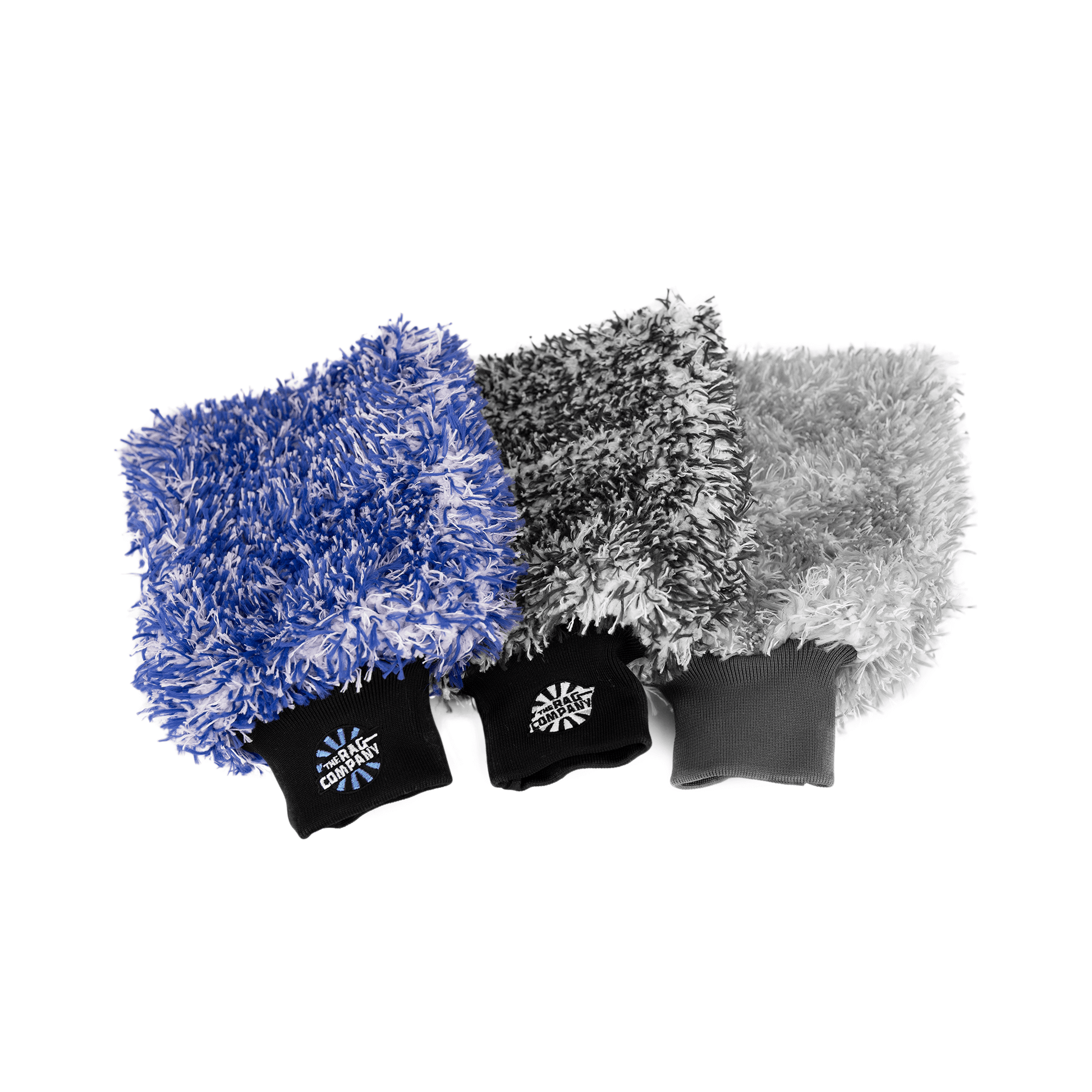 three Wash mitts in blue, black and grey